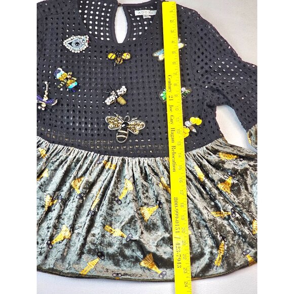 Adore Black Crochet & Velvet Top With Embellished Flared Sleeves L - Picture 7 of 12